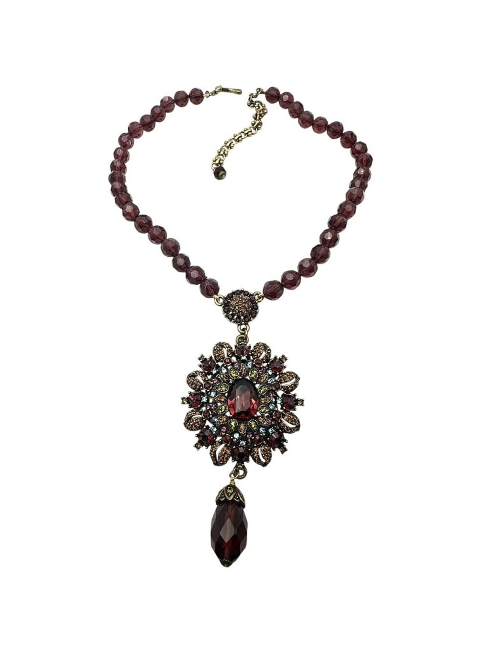 Heidi Daus Necklace Multicolor Crystal Purple Glass Bead Bronze Pendant